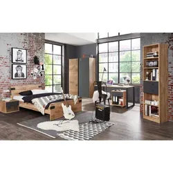 6-teiliges Jugendzimmer in Plankeneiche mit Schwebetürenschrank - Komplettes Jugendzimmer mit Jugendbett (140x200 cm), Schwebetürenschrank und Schreibtisch. Modernes Design in Plankeneiche mit Graphit-Akzenten, ideal für stilvolle und funktionale Jugendzimmer.