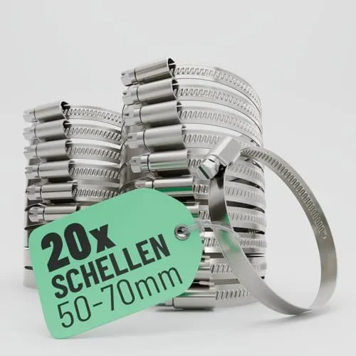 greate 20x Schlauchschellen Edelstahl 50-70 mm - Einstellbare Schlauchschelle mit 9 mm Bandbreite - Rohrschelle rostfrei - Schellen für Pool, Teich, Waschmaschine uvm - Schraubschellen Edelstahl 304