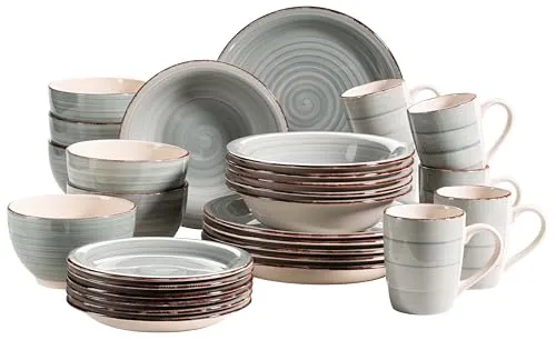 MÄSER 931612 Bel Tempo II 30-teiliges Vintage Geschirr Set - Kombiservice für 6 Personen, handbemalt in Rauchblau, spülmaschinen- und mikrowellengeeignet – verleiht Ihrem Esstisch einen rustikalen Vintage-Look.
