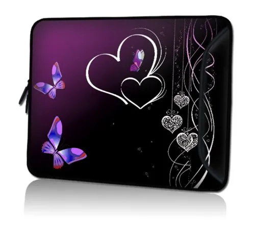 wortek Universal Notebooktasche Schutzhülle aus Neopren mit extra Zusatzfach für Kabel, Maus und Zubehör für Laptops bis 15,4 Zoll - Schmetterling Herz Schwarz Lila