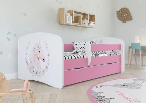 Kinderbett Jugendbett 70x140 cm Rosa mit Matratze Rausfallschutz Schublade und Lattenrost Kinderbetten für Mädchen und Junge - Einhorn