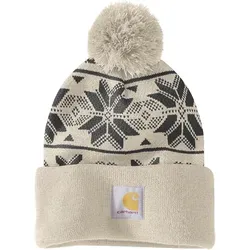 Carhartt Knit Pom Jacquard Damen Mütze, weiss - Mützen mit Rippstrick für Komfort, hochfaltbarem Aufschlag und stylischem Bommel – perfekt für kalte Tage!
