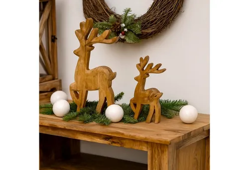 Online-Fuchs Dekofigur 2 Hirsche aus modernem Mangoholz - Deko, Herbst Winter & Weihnachten (20 & 29,5 cm groß, 2er Set), für ein stilvolles und modernes Wohnzimmer