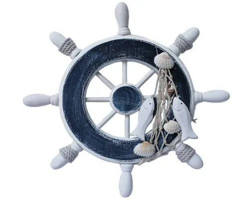 Yudu Deko Steuerrad Schiff Holz Fischernetz Muscheln Fische Maritime (02)