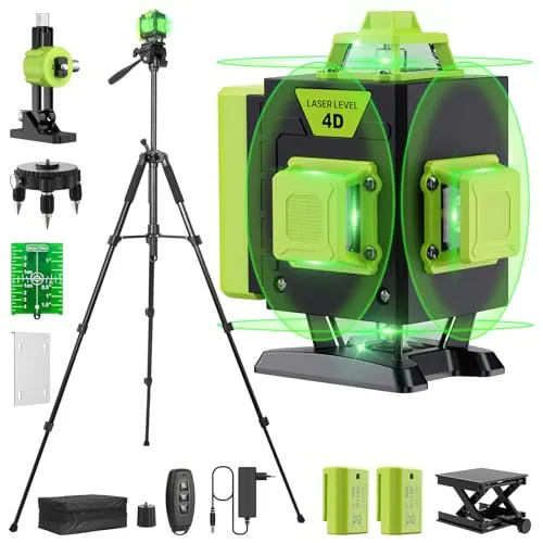 【Mit Stativ】Grün Kreuzlinienlaser 4x360 Laser, Linienlaser Grün Kreuzlaser mit Wiederaufladbarer Lithium-Batterie für Innenbereich Baustelle
