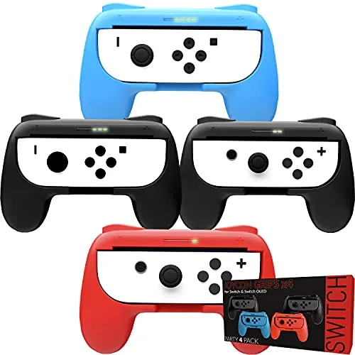 Orzly Switch Controller Griffe (Party Pack der 4x Grips fur Multiplayer Spiele, Super Smash Bros Switch Kompatible, für Nintendo Switch JoyCon Controllers) Vier Griffen (1x Rot, 1x Blau, 2x Schwarz)