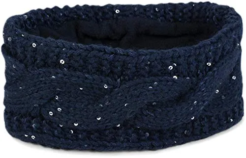 styleBREAKER Damen Stirnband Grobstrick mit Zopfmuster und Pailletten, warmes Fleece Innenfutter, Haarband, Headband 04026002, Farbe:Dunkelblau