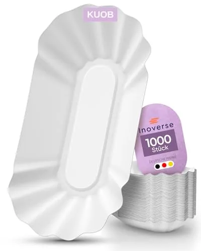Inoverse 1000 Stück Pommesschalen – Weiße Pappteller 17 x 10 x 3 cm, Einweg Papierschalen für Pommes & Currywurst, Umweltfreundliches Einweggeschirr, Partyteller