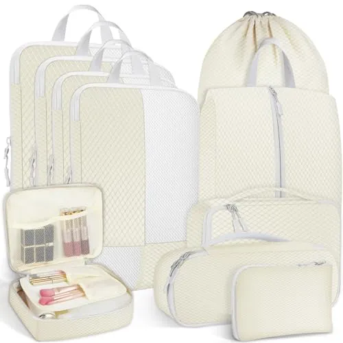 Avmvnvc Koffer Organizer Set, 10-Teiliges Packing Cubes für Kleidung, Packwürfel Set mit Kompression, Kofferorganizer Set mit Kosmetiktasche, Travel Organizer für Rucksack und Koffer, Beige