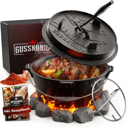 Dutch Oven Feuertopf 7 l Set mit Deckelheber & Untersetzer - Hochwertiger Gusseisen Kochtopf mit 7 l Volumen. Ideal für verschiedene Herdtypen, antihaftbeschichtet und leicht zu reinigen. Perfekt für schmackhafte Gerichte.