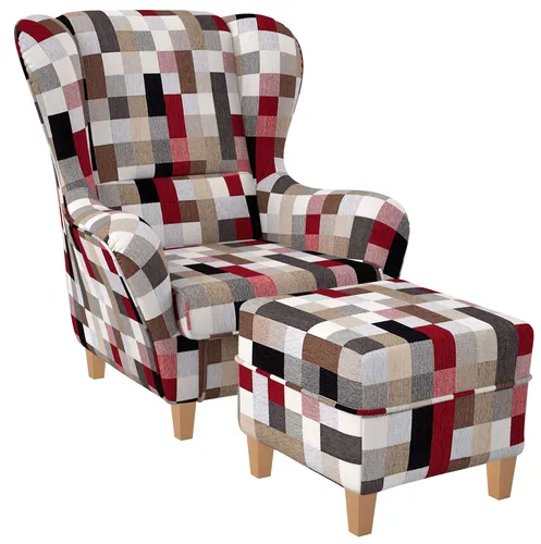 Supellex Ohrensessel Sofia Relaxsessel mit Hocker - Buntes Patchwork Design - Ohrensessel Sofia mit Hocker - Trendiges Patchwork Design für lebendige Akzente. Hochwertige Verarbeitung und bequeme Polsterung bieten optimalen Komfort und Stil in Ihrem Zuhause.