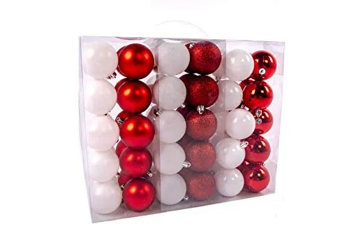 Weihnachtskugeln Christbaumkugeln Set 61 teilig mit nur Großen Kugeln Ø 6 cm Weiß/Rot inklusive Sternspitze und passenden Anhängern
