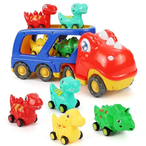 Weinsamkeit Dinosaurier LKW Spielzeug mit Brüllen Sound, 5 in 1 T-Rex Autotransporter Dinosaurier Spielzeug ab 3 4 5 Jahre, Dino Spielzeugautos Geschenke für Kinder Kleinkinder Mädchen Junge (Rot)