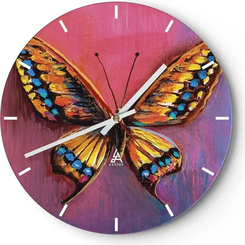 Wanduhr - Rund - Glasuhr - Schmetterling bunt gemalt - 40x40cm - Schleichendes Uhrwerk - Lautlos - zum Aufhängen bereit - Dekoration Modern - Wanddekoration aus Glas - C3AR40x40-5012
