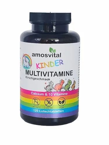 amosvital Kinder Multivitamine vegan und ohne Zuckerzusatz, Vitamin C E B1 B2 B3 B5 B6 B7 B9 B12 plus Calcium, 120 Lutschtabletten, Kirschgeschmack