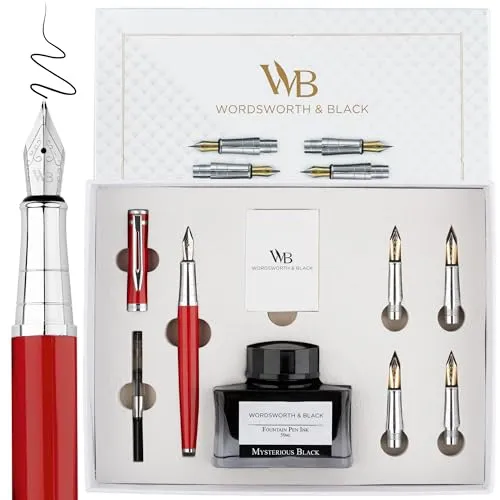 Wordsworth & Black Füllfederhalter-Geschenkset, beinhaltet Tintenflasche, 6 Tintenpatronen, Tintenauffüllkonverter, 4 Ersatzfedern, Premium-Paket, Journaling, Kalligraphie, [Roter Chrom]