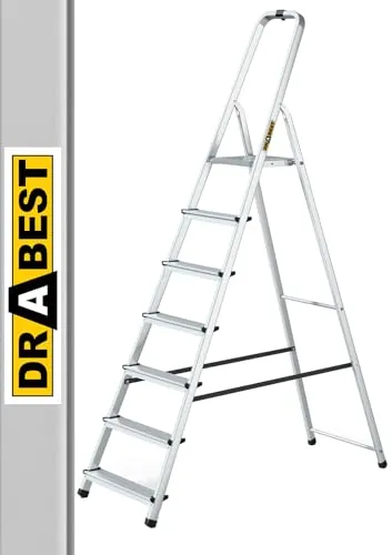 DRABEST Alu Leiter 7 Stufig Trittleiter Klappbar Haushaltsleiter, Stehleiter Belastbar bis 125 kg kostenloser Haken