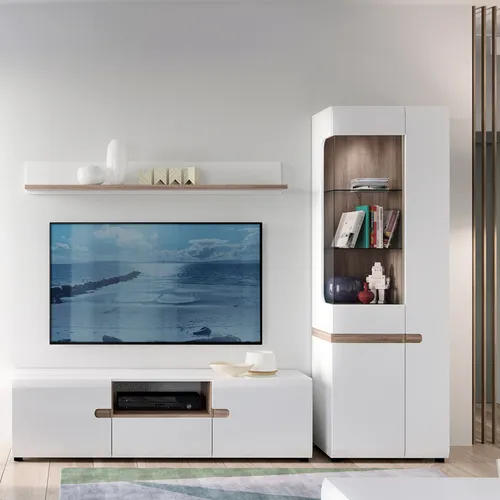 Lomadox Wohnzimmer-Set LEGNICA-129, 3-teilig mit grifflosen Fronten - Moderne Wohnwand in Eiche Trüffel Nb. und weiß Hochglanz, inklusive LED-Beleuchtung und Softclose-System für sanftes Schließen der Türen.