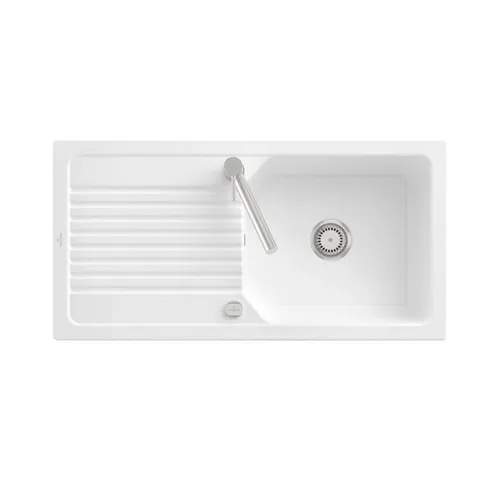 Villeroy & Boch Linara 60 Einbauspüle mit Exenter in Weiß Alpin - Sanitäranlagen & Zubehör – Elegante Linara 60 Spüle aus hochwertigem TitanCeram mit pflegeleichter CeramicPlus-Beschichtung und reversibler Montage für flexible Küchenlösungen.