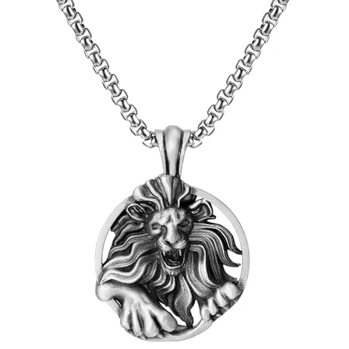Karma NH11445573 Halskette Löwe Anhänger Silber Herren Edelstahl Zinn 60 cm Kette Herrenschmuck Männer Herrenhalskette modern Geschenk für Ihn wasserfest hypoallergen Geschenkbox