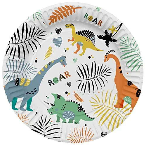 Folat 61930 Paper Party Tableware Pappteller Rund Ø 23cm Dino Roars 23cm - 8 Stück Einweggeschirr Teller für Geburtstagsfeier, Babyparty, Hochzeit, Brautparty