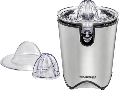 ROMMELSBACHER Zitruspresse ZP 60 E - Hochwertige Edelstahl-Entsafter mit leisem Motor, klappbarer Auslauftülle und 2 Presskegeln für perfekten Saftgenuss