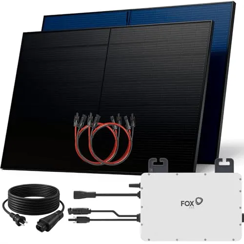 SUNNIVA 1000W Balkonkraftwerk BIFAZIAL FULLBLACK komplett Steckdose FOX ESS 800W Wechselrichter, PV Solaranlage, 2x 500W Glas-Glas Solarmodule, inkl. 5m Kabel, Bluetooth WIFI, Komplettset