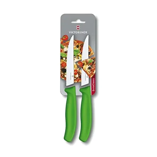 Victorinox Swiss Classic, Pizza- und Steakmesser Set, 2teilig, Extra Scharfe Klinge, Wellenschliff, 11 cm, Kunststoffgriff, Rostfreier Stahl, Grün