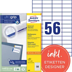 Zweckform 3668 Avery Etiketten - 5600 selbstklebende Etiketten - Etiketten in der Größe 52,5 x 21,2 mm, ideal für Kopierer und Drucker, mit perfektem Druckereinzug dank Ultragrip-Technologie. Umweltfreundlich und Made in Germany.