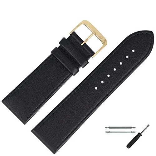 MARBURGER Uhrenarmband 28mm Leder Schwarz Gold Glatt Mit Naht - Montage Set 7592810000220