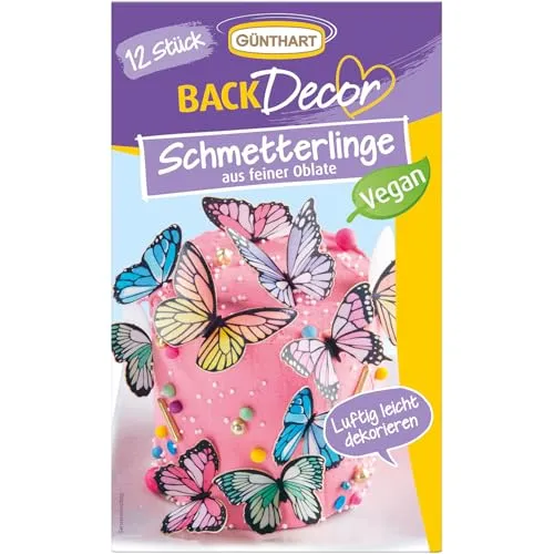 Günthart BackDecor 12 bunte Schmetterlinge aus Oblaten, in verschiedenen Farben und Größen, 3D Schmetterling Effekt | 100% VEGAN, 1er Pack (1 x 5 g)