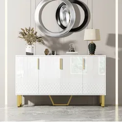 Anrichte Mdf Weiß Hochglanz 140 X 40 X 80 Cm, 4 Türen, Geometrische Front, Metallgriffe Und Metallbeine