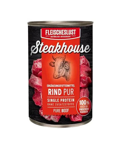 Fleischeslust Nassfutter für Hunde & Katzen | Steakhouse Rind pur (6x400g) | Reinfleisch-Dosen | Monoprotein | Ergänzungsfutter | sensitiv