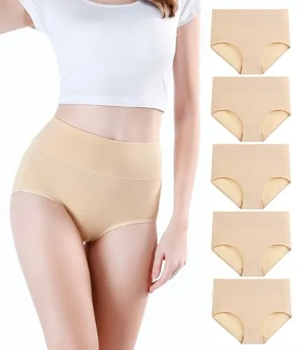 wirarpa Damen Unterhosen Baumwolle Slips Damen Hoher Taille Atmungsaktive Taillenslip Wochenbett Unterwäsche Mehrpack Größen 32-58, Beige-5er Pack, Large (42/44)
