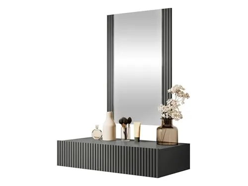 MIRJAN24 Schminktisch Vamos Grey mit Spiegel und Hängeschrank - Schminktisch mit gefrästen Fronten in Anthrazit, inklusive Spiegel und Hängeschrank für optimalen Stauraum im Schlafzimmer oder Ankleidezimmer.