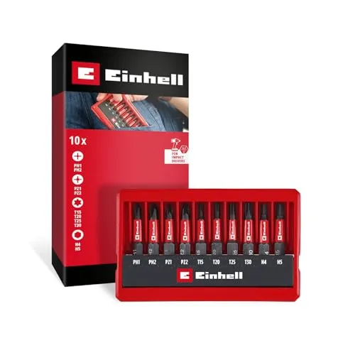 Original Einhell Impact-Bit-Set 10-tlg. (50-mm-Bits PH/PZ/T/H, S2-Stahl, E 6.3 Schaft, Taschenkassette mit Aufstellfunktion)