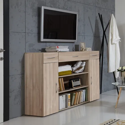 Sideboard MRK Anrichte Regalwand Eiche Sägerau - Modernes Sideboard in Eiche Sägerau, 3 Schubladen und Einlegeböden bieten praktischen Stauraum. Ideal für Gästezimmer oder Schlafzimmer, 180 cm breit und stilvolles Design.