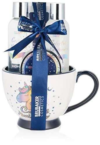 BRUBAKER Cosmetics 5-tlg. Einhorn Bade- und Dusch Set Colorful Rainbow - Geschenkset mit Vanille Lavendel Duft in XXL Kaffeebecher Blau Weiß