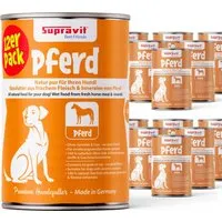 Supravit Nassfutter mit Pferd für Hunde – Getreidefreies Hundefutter in 12 x 410g Dosen - Hochwertiges Nassfutter für Hunde mit hohem Fleischanteil aus frischem Pferdefleisch. Ideal für ernährungssensible Hunde, gut verträglich und leicht verdaulich. 100% natürliche Zutaten, ohne Konservierungsstoffe.