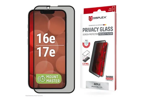 Displex Displayschutzglas Privacy Glass Screen Protector mit EASY-ON MountMaster für Apple iPhone 16e, Apple iPhone 17e, Displayschutzfolie, Schutzfolie, Bildschirmschutz, kratz- & stoßfest