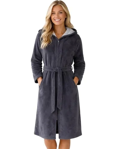 Morgenstern Bademantel Damen Reißverschluss Kapuze Frottee Velours Patrizia Oeko Tex Standard Grau M