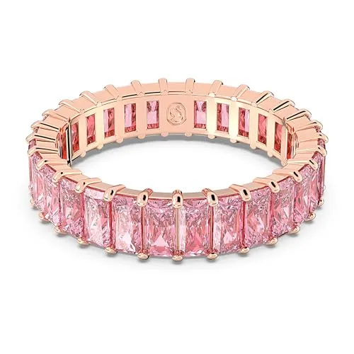 Swarovski Matrix Ring - Rosé Vergoldeter Damenschmuck mit Rosa Kristallen - Ringe für Damen: Eleganter Matrix Ring mit rosé vergoldetem Design und strahlenden rosa Swarovski Kristallen im Baguette-Princess-Schliff, ideal für besondere Anlässe.