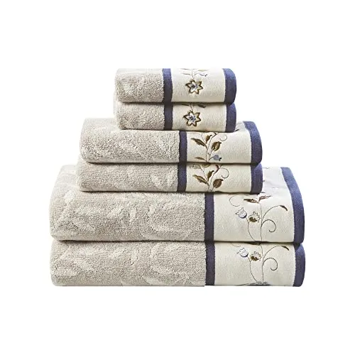 Produktbild Madison Park Serene Badetuch-Set, 100% Baumwolle, luxuriöses Blumenmuster, Bestickt, Baumwoll-Jacquard-Design, weich und sehr saugfähig, für die Dusche, Verschiedene Größen, Marineblau, 6-teilig