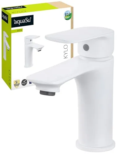 aquaSu® Wasserhahn Bad Weiß - Elegante Waschtischarmatur mit Wassersparmischdüse - Bad- & Duscharmaturen: Moderne weiße Waschtischarmatur mit langlebiger Keramikkartusche und werkzeugloser Montage. Spare Kosten durch die integrierte Wassersparmischdüse!