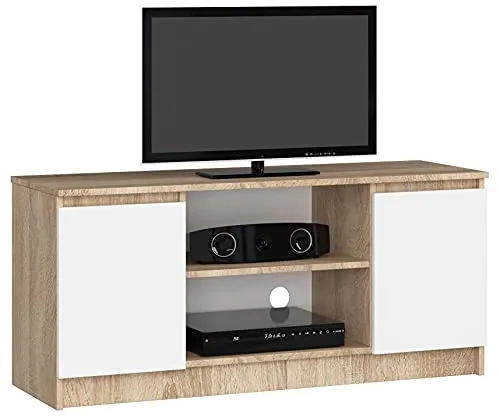 AKORD Low Board K-120 | TV-Shrank mit EIN offenes Regalfach | Fernsehkommode 2 Ablagen mit Türen Links und rechts | H55 x B120 x T40 cm | Gewicht 30 kg | Farbe Sonoma Eiche/Weiß