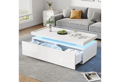 Moderner Hochglanz Couchtisch mit LED und 2 Schubladen, 95x45x35 cm