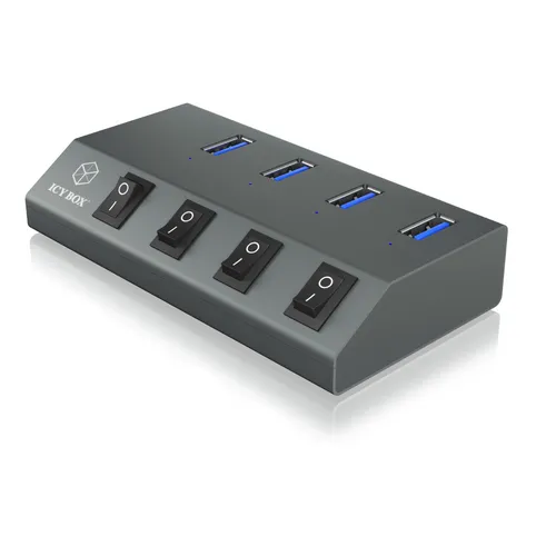 IcyBox 4-Port Schnellladegerät USB 5V 20W IB-HUB1405 (g) - USB Hub mit 4 Ports für schnelles Laden, ideal für mehrere Geräte gleichzeitig – perfekt für Zuhause oder im Büro.