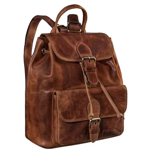 STILORD Damen-Rucksack 'Destiny' aus Leder cognac - Vintage Backpack für 13 Zoll Laptops - Tagesrucksack aus hochwertigem Echtleder mit Vintage-Flair, ideal für Arbeit, Reisen und Shopping. Bietet Platz für DIN A4 und 13 Zoll Macbooks, kombiniert Stil mit Funktionalität.