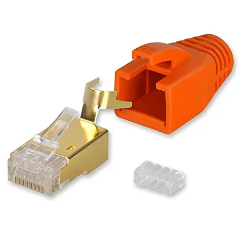 Yonix 10 x Netzwerkstecker RJ45 Cat 7 / 6A | vergoldet | Einführhilfe | Knickschutz | Tülle orange | NSY-758OR
