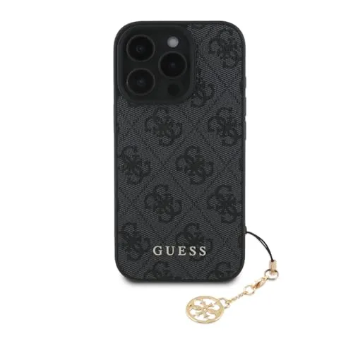 Guess Handyhülle Case iPhone 16 Pro Max Charm - Stylische Smartphone-Hülle in Schwarz mit charakteristischem 4G-Muster und goldenem GUESS-Logo für einen eleganten Look.
